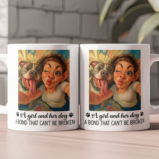 A Girl And Her Dog, Cat A Bond That Can' Be Broken - Caricature Cartoon Your Photo - Personalized Photo Mug