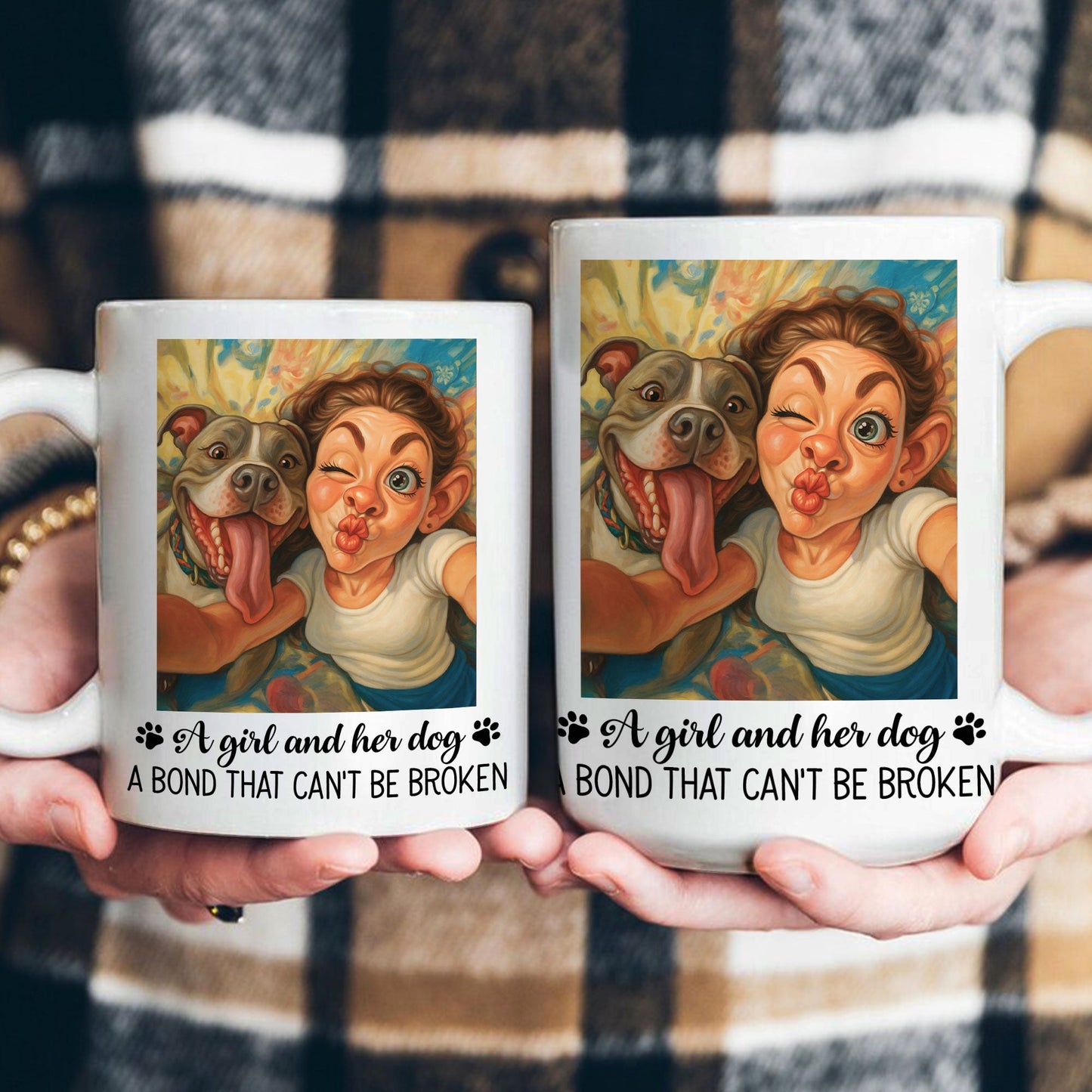 A Girl And Her Dog, Cat A Bond That Can' Be Broken - Caricature Cartoon Your Photo - Personalized Photo Mug