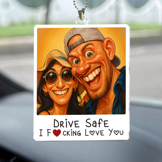 Caricature Couple Photo, Funny Anniversary Gift - Personalized Photo Rear View Mirror Accessory