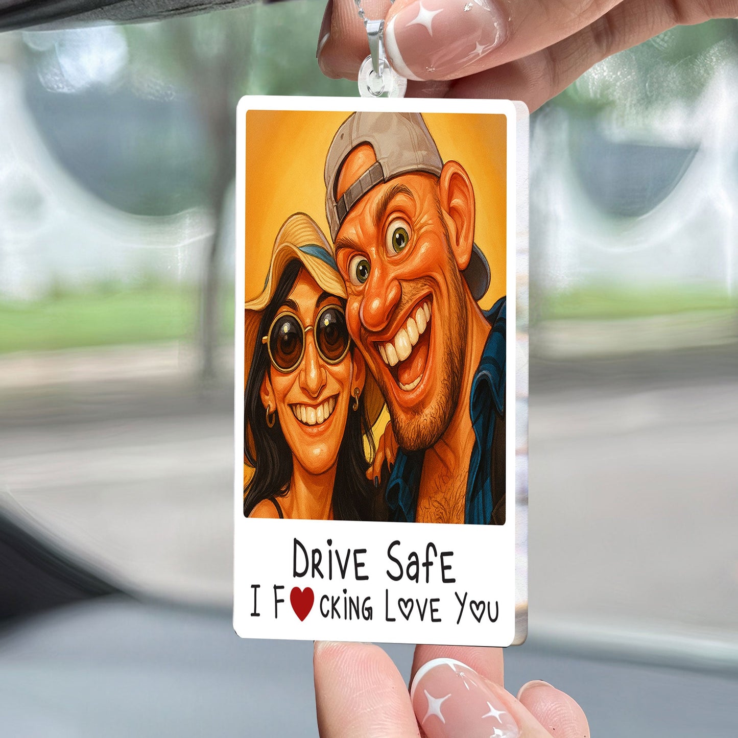 Caricature Couple Photo, Funny Anniversary Gift - Personalized Photo Rear View Mirror Accessory