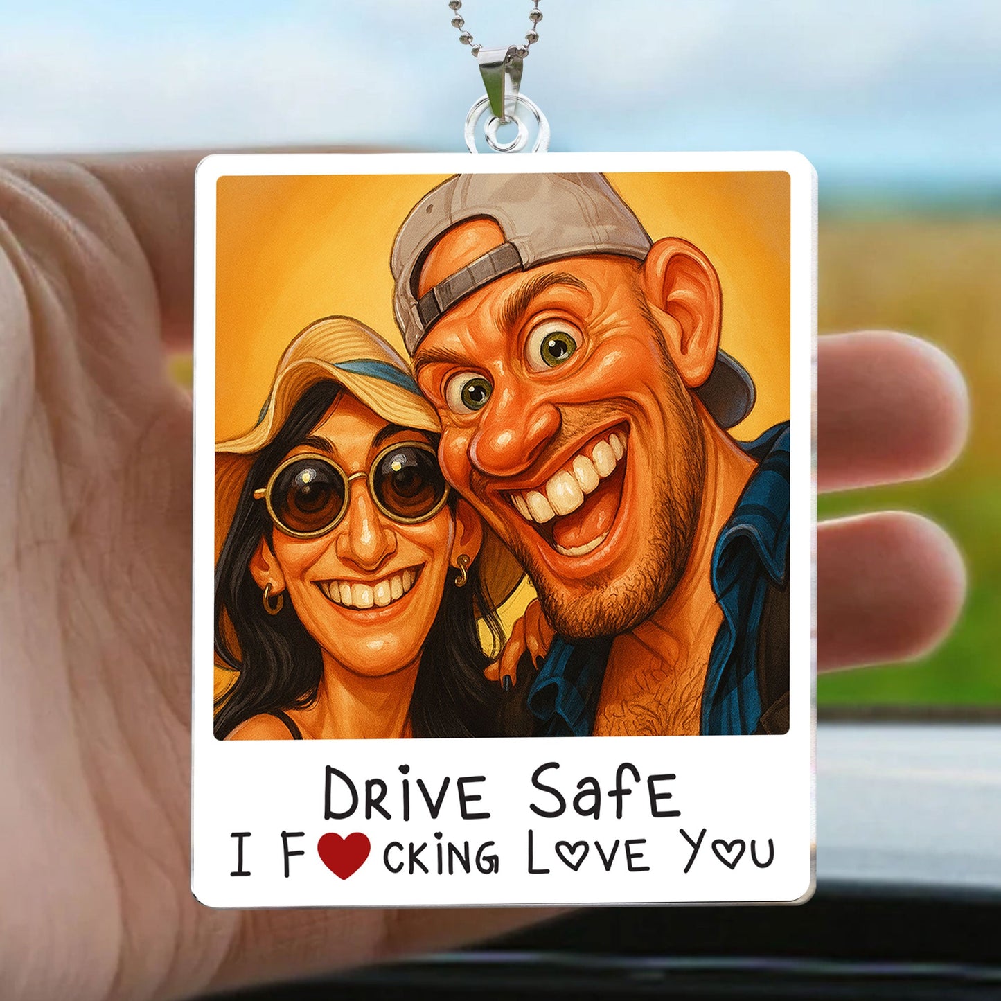 Caricature Couple Photo, Funny Anniversary Gift - Personalized Photo Rear View Mirror Accessory