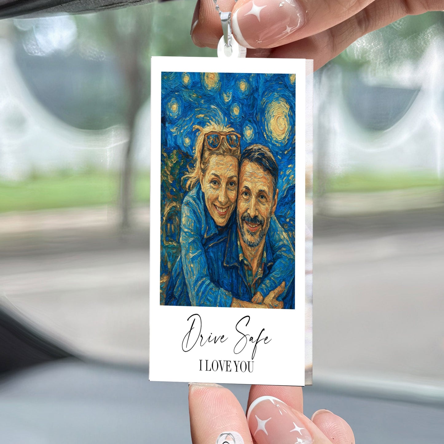 Drive Safe I Love You Van Gogh Art - Personalized Photo Rear View Mirror Accessory