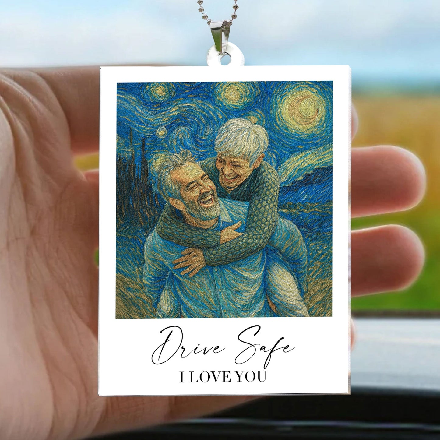 Drive Safe I Love You Van Gogh Art - Personalized Photo Rear View Mirror Accessory
