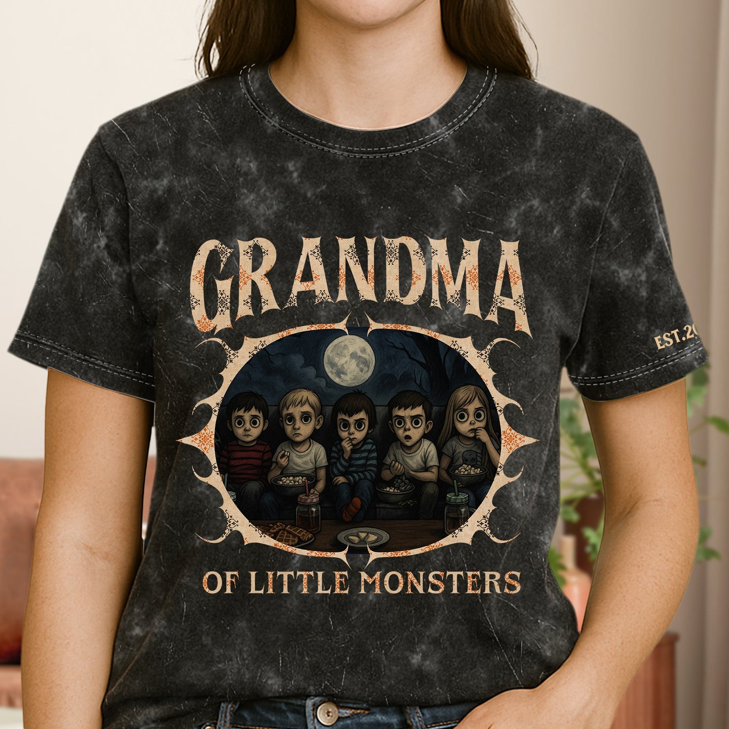 Grandma Of Little Monsters - Personalized Photo Acid Wash T‑Shirt