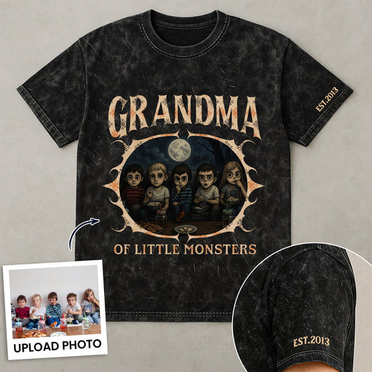 Grandma Of Little Monsters - Personalized Photo Acid Wash T‑Shirt