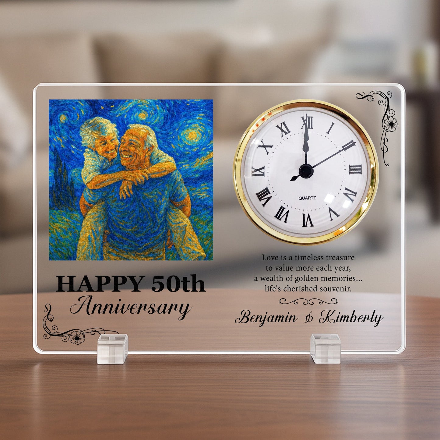 Happy Anniversary Love Is A Timeless Treasure Van Gogh Art - Personalized Acrylic Photo Desk Clock