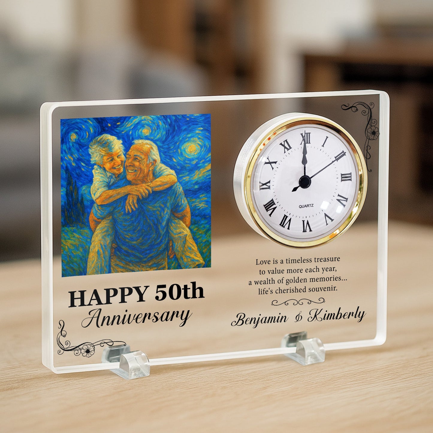Happy Anniversary Love Is A Timeless Treasure Van Gogh Art - Personalized Acrylic Photo Desk Clock