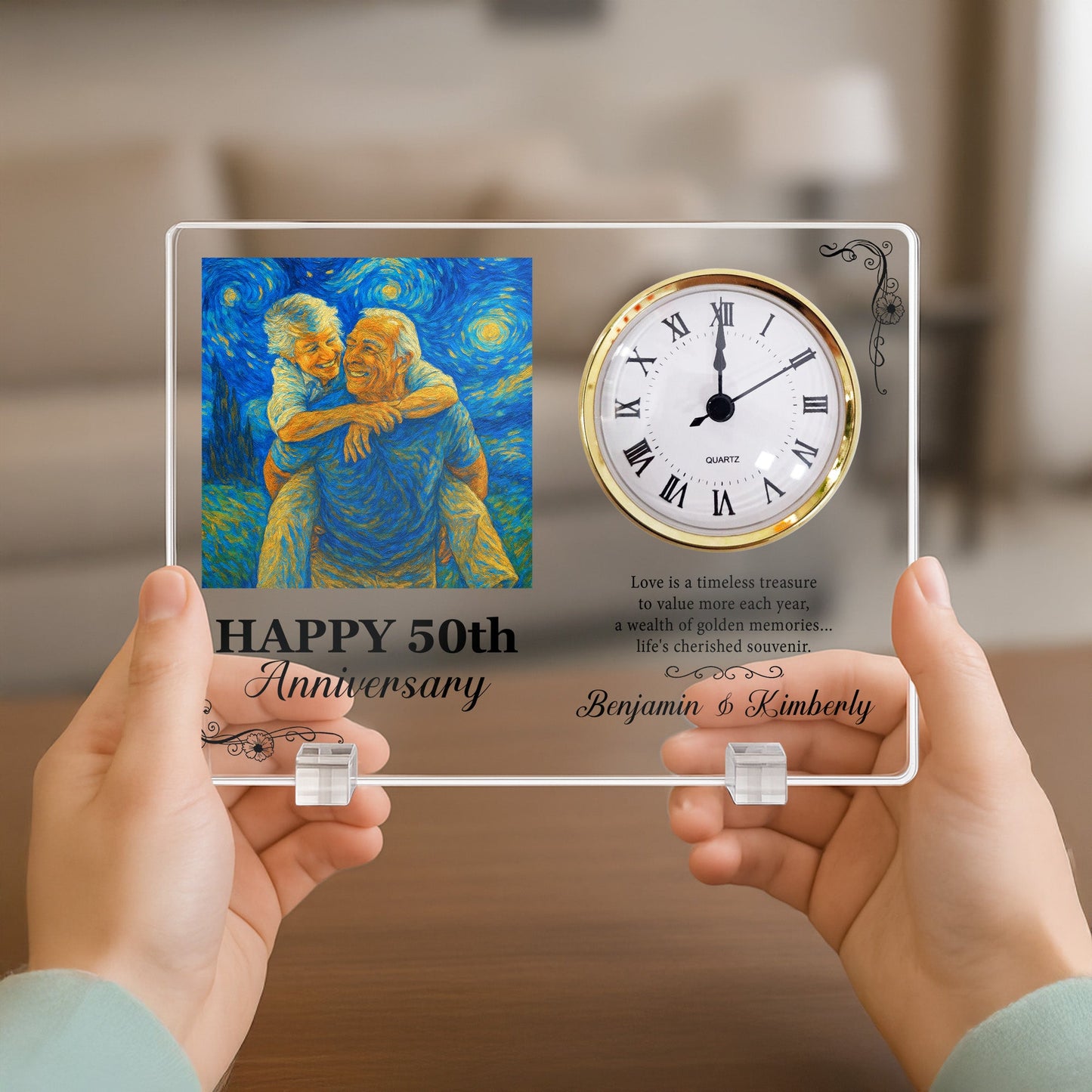Happy Anniversary Love Is A Timeless Treasure Van Gogh Art - Personalized Acrylic Photo Desk Clock