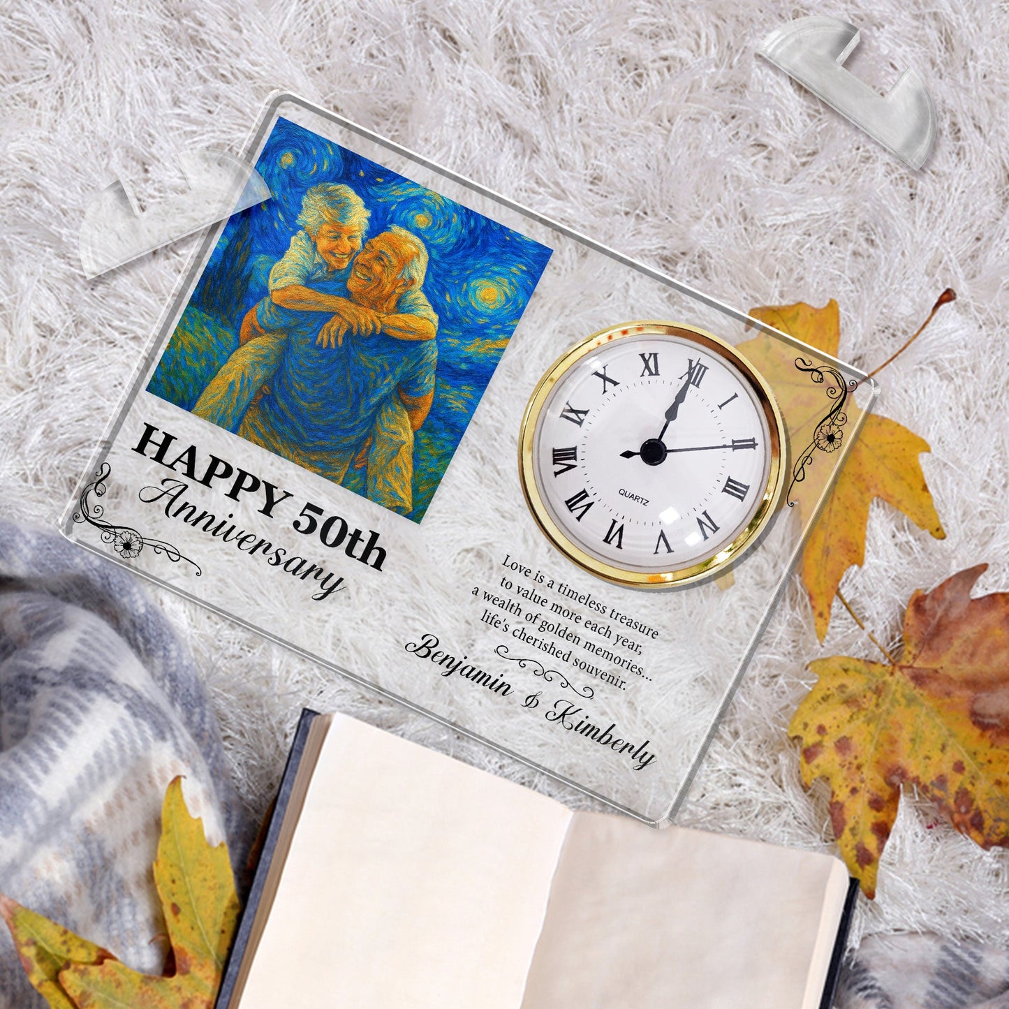 Happy Anniversary Love Is A Timeless Treasure Van Gogh Art - Personalized Acrylic Photo Desk Clock