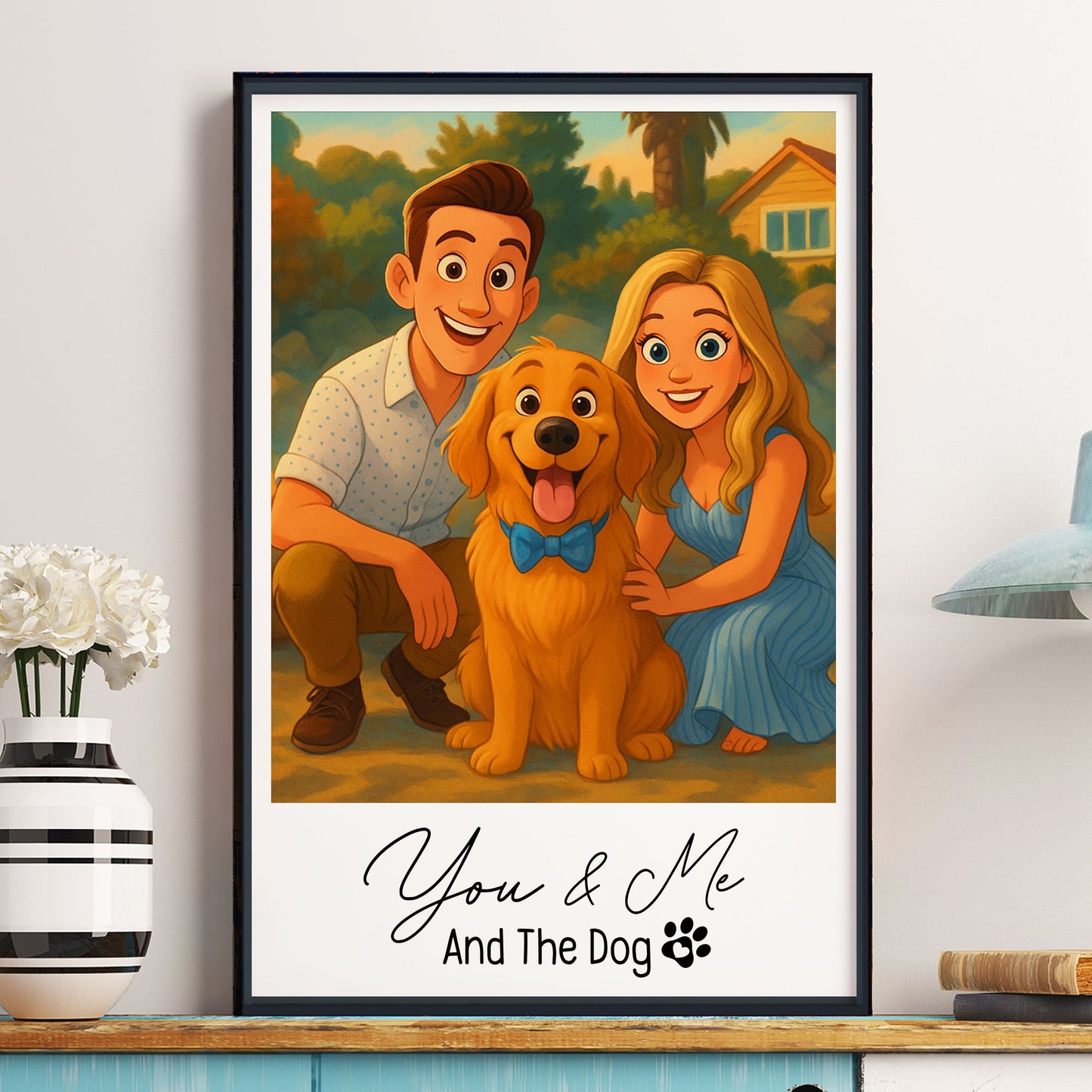 You & Me And The Dog, Cartoon Portrait For Couples - Personalized Photo Poster